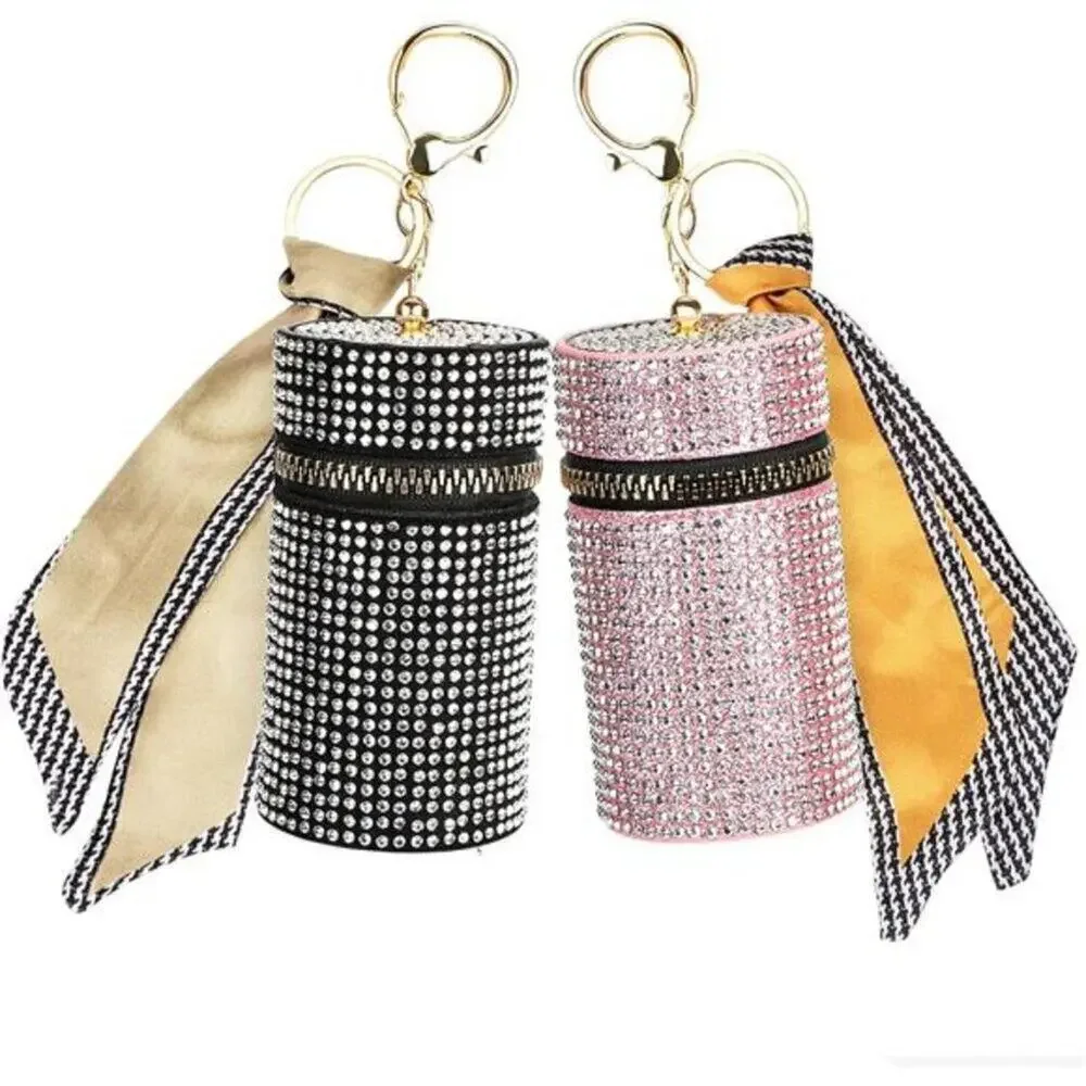 2 Pack Lipstick Case Keychain Leather Diamond Lip Gloss Holder Black & Pink